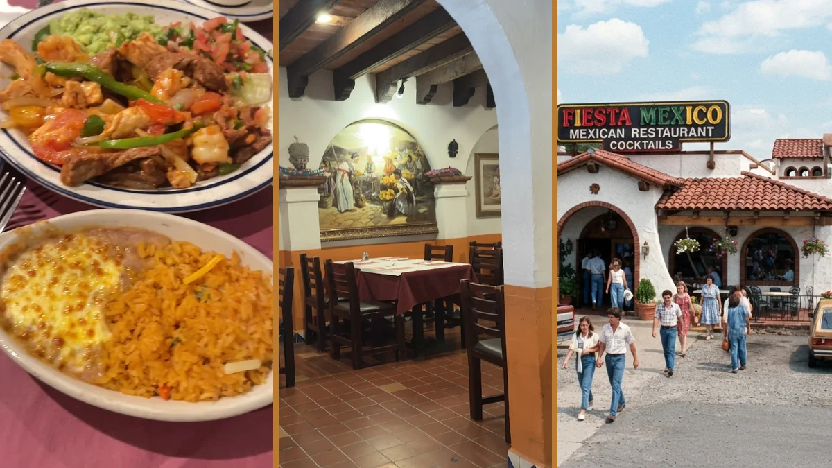 Mexican restaurant interior with colorful wall art.