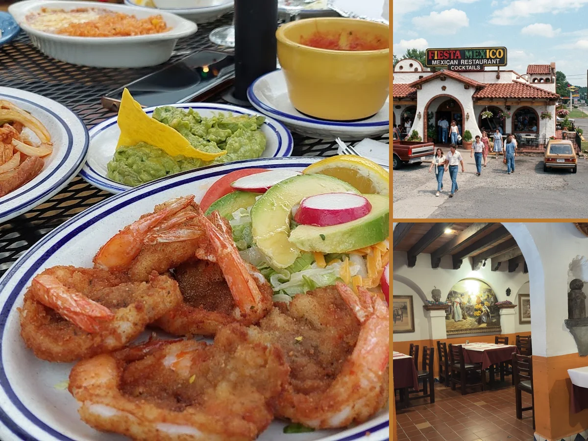 Mexican restaurant interior with colorful wall art.