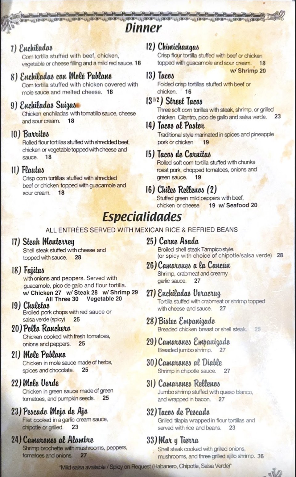 Printed lunch menu for a Mexican restaurant.