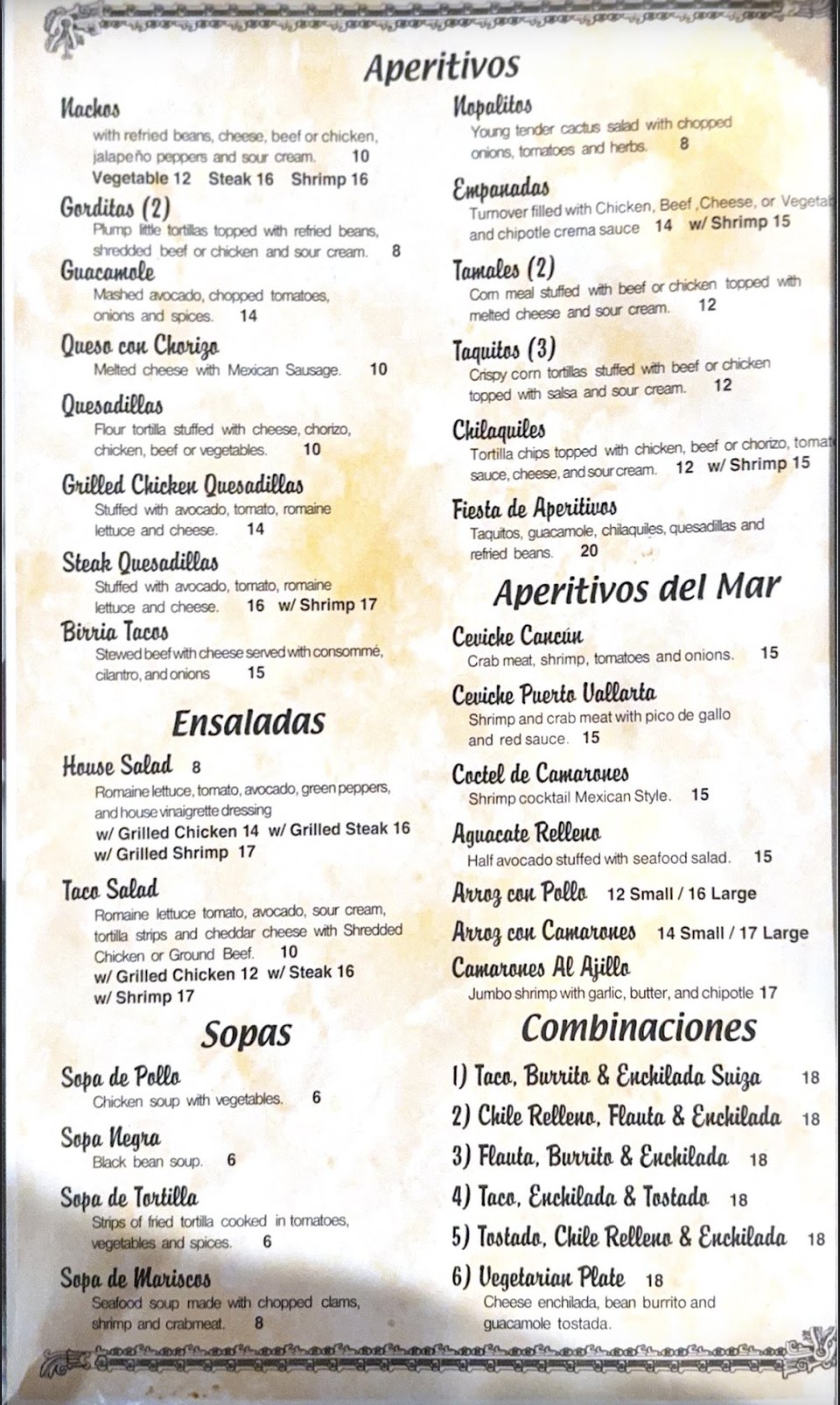 Restaurant menu showing Mexican dishes.